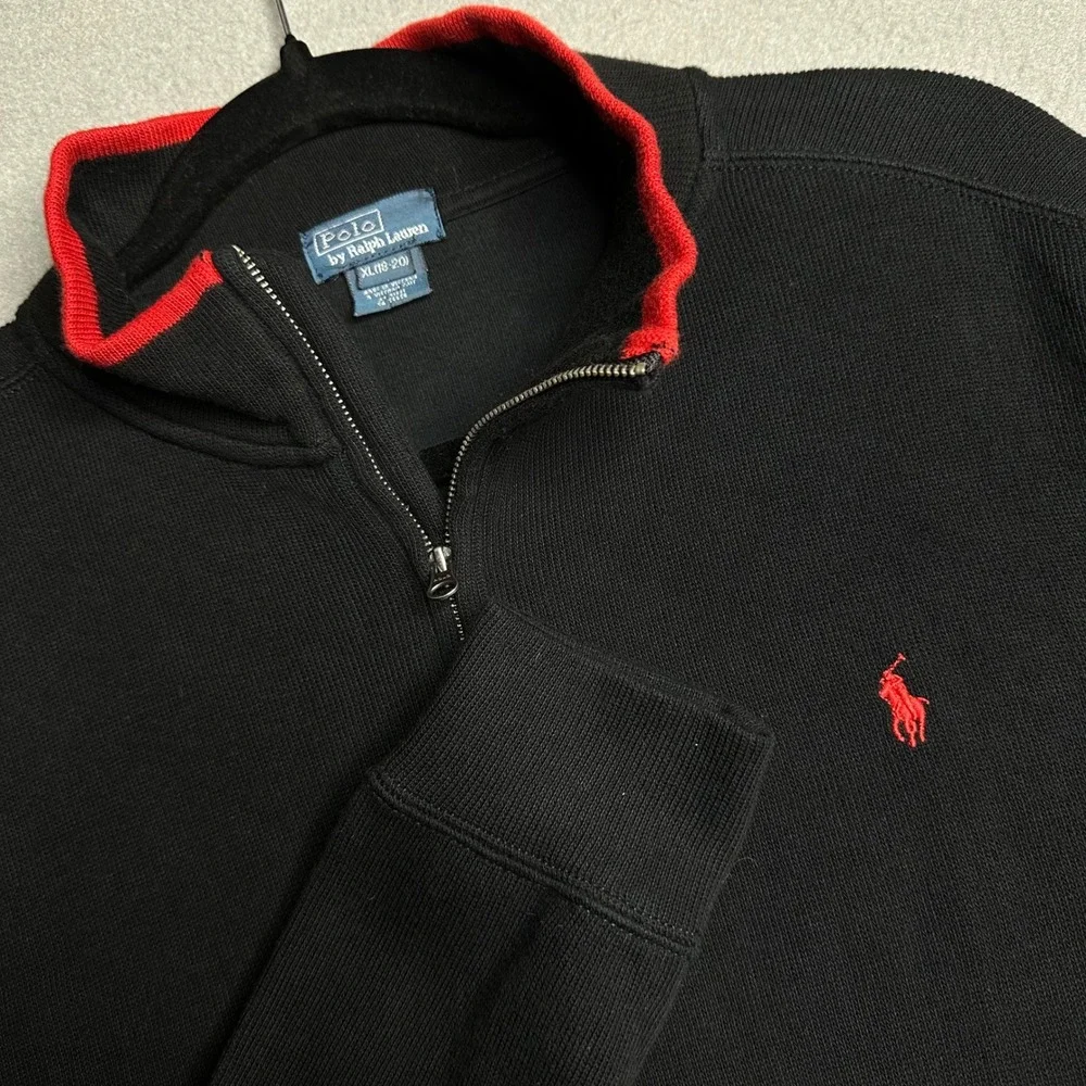 Polo Ralph Lauren Quarter Zip Men XL 18-20 Black Red Pony Mock Neck Pullover - Picture 1 of 8